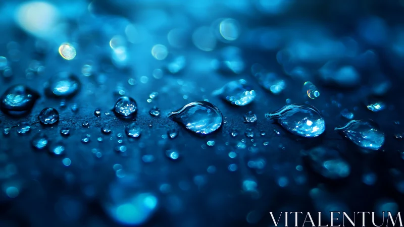 Glistening water droplets glow across a deep blue surface