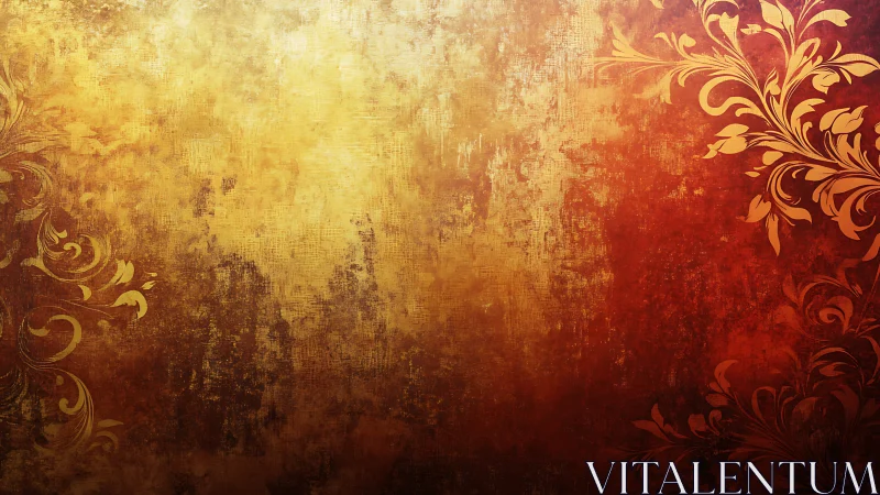 Ornate gold flourishes on textured crimson gradient ground.