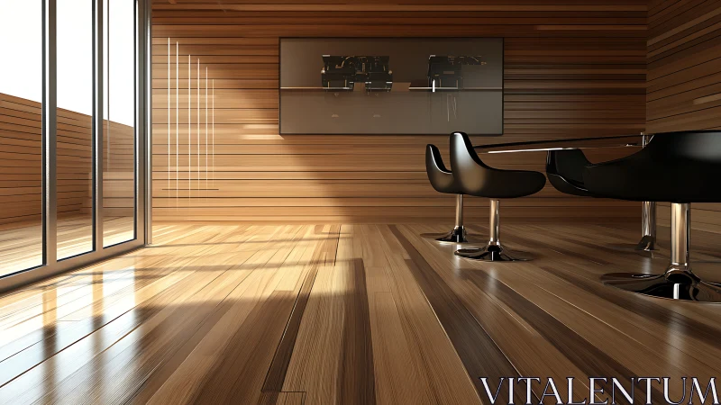 Rendered conference interior shows wood cladding and seating