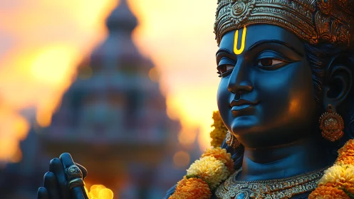 Hindu deity statue close-up before temple at sunset.