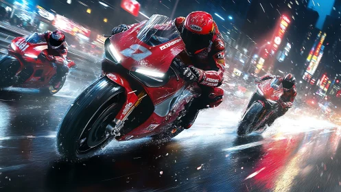 Red superbikes race through neon city streets in heavy rain