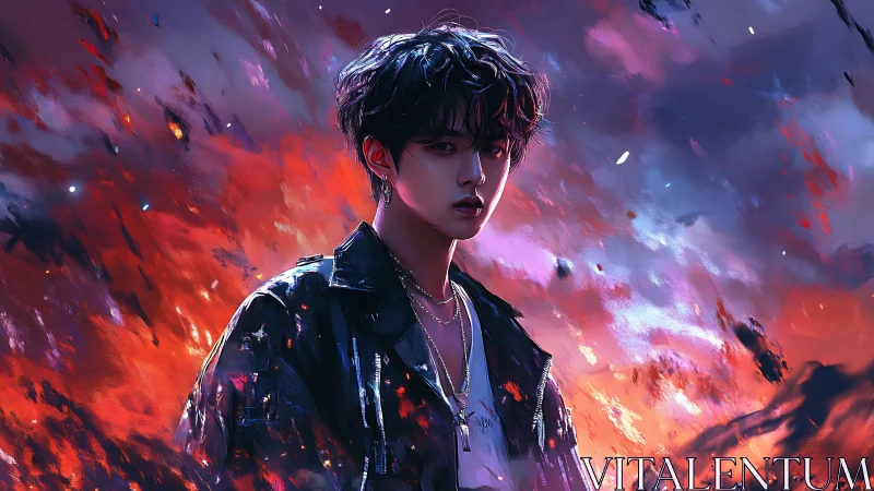 Stormlit youth in molten twilight skies portrait painting.