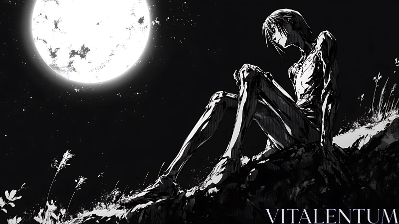 Solitary figure seated on rocky slope under full moon.