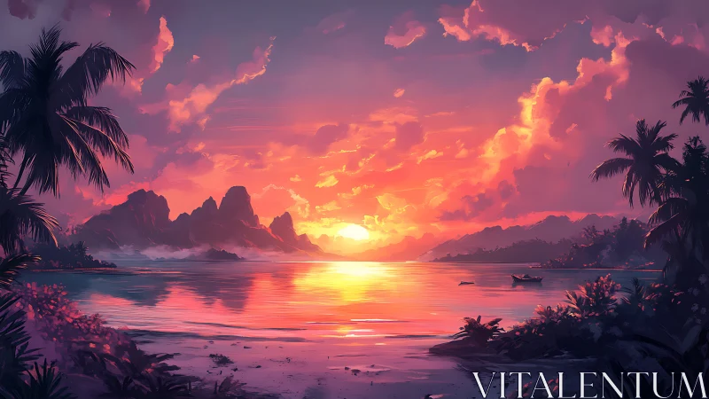 Sunset stitches molten color across a hushed island cove