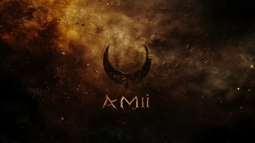 Crescent moon emblem over dark nebula backdrop.