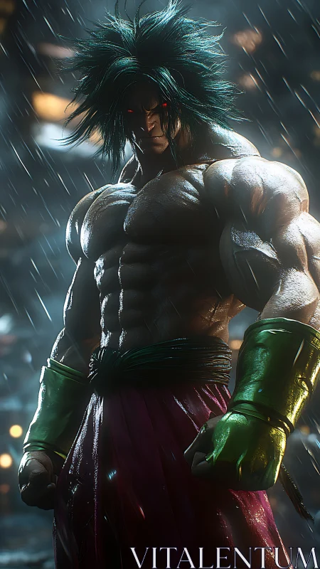 Hyper-real muscular warrior in rain with glowing gauntlets