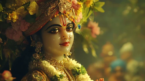 Golden garlanded deity gazes through soft temple twilight.