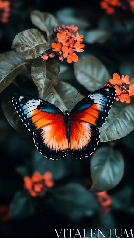 Vibrant orange butterfly rests delicately on garden blooms