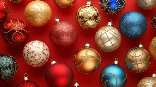 Glittered Christmas baubles on vibrant red background grid.