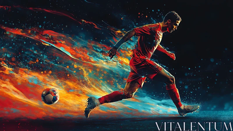 Soccer player in motion with abstract fiery trail effect.