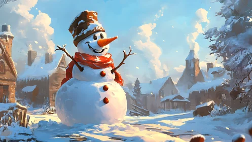 Cheerful snowman in sunlit village square, winter morning