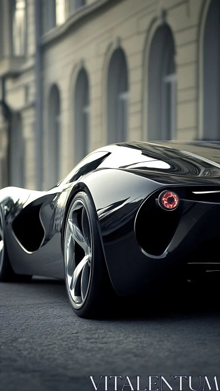 Streamlined black concept car on urban street at dusk.
