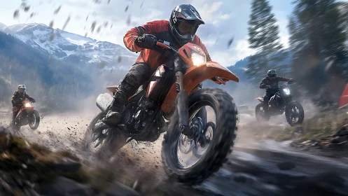 Off-road motorcycles on muddy forest trail in mountains.