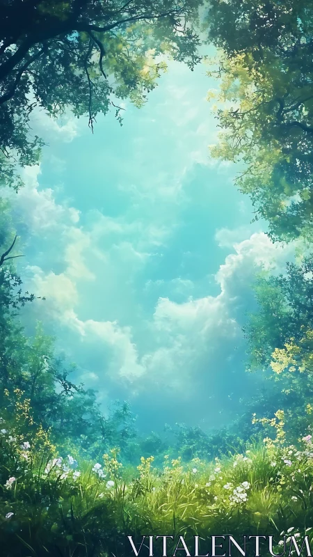 Sunlit forest glade opens to tranquil blue sky above.