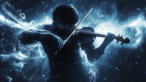 Violinist in glowing blue energy cloud, dramatic silhouette.