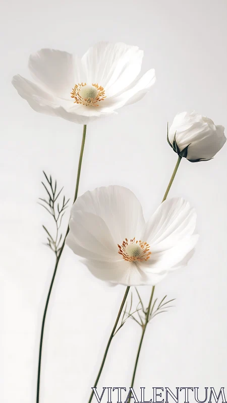 White Cosmos Flowers with Luminous Golden Stamens and Delicate Petals