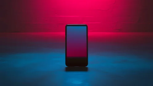 Smartphone stands in neon pink and blue studio light glow.