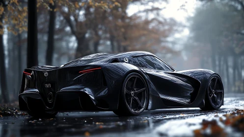 Rear three-quarter view of black Toyota hypercar in wet forest