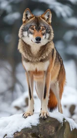 Photorealistic timber wolf portrait on snowbound outcrop.