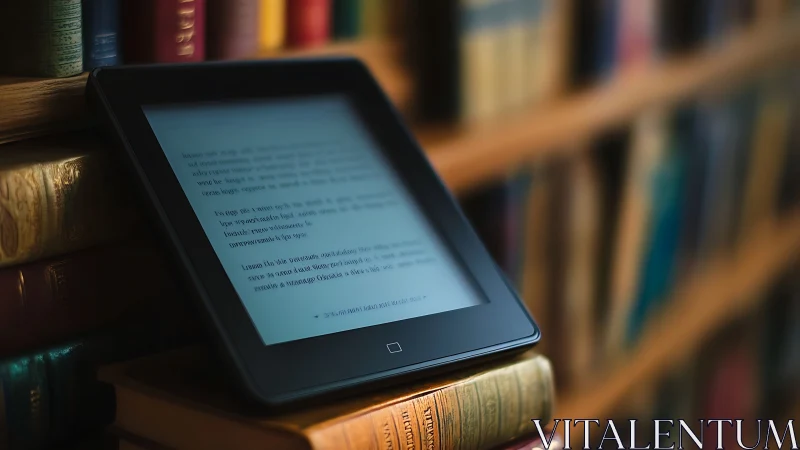 E-reader with illuminated e-ink display rests on stacked hardback books