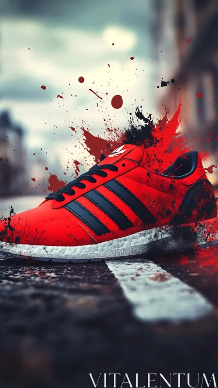 High-impact red running sneaker with splatter effects on street