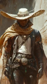 Lone gunslinger strides through sunlit canyon shadows