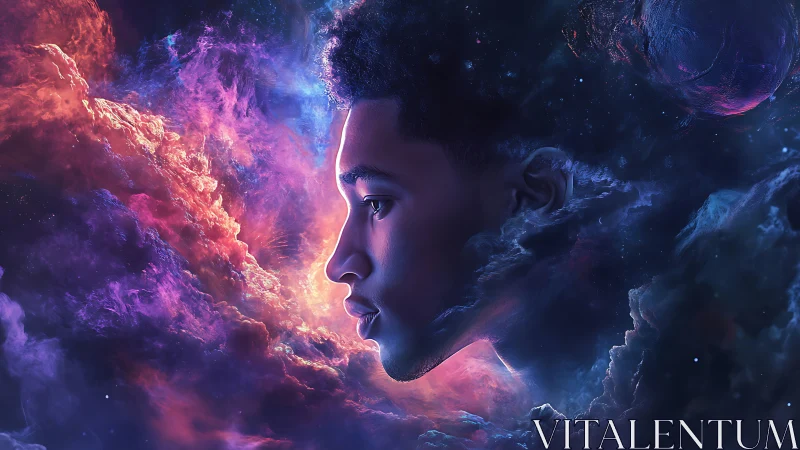 Profile of young man integrated into vivid cosmic nebula