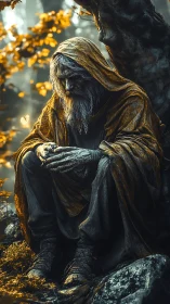 Hooded elder druid rendered in high-contrast fantasy lighting