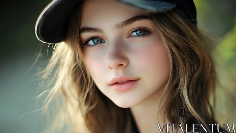 Youthful portrait with soft bokeh, natural light, freckled skin.