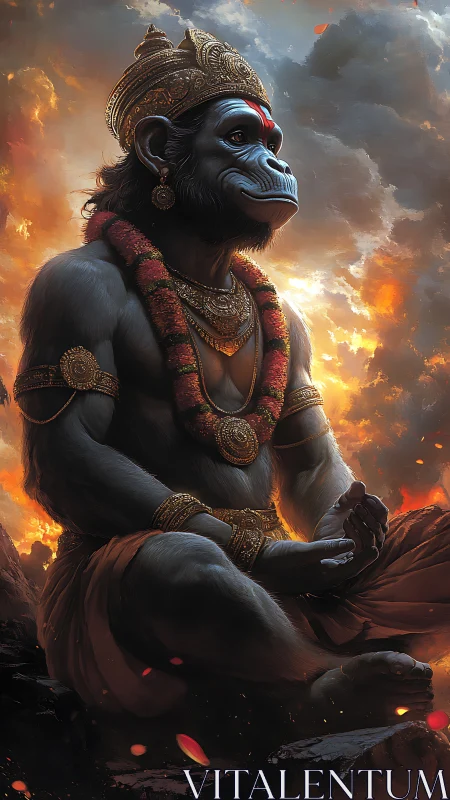 Serene monkey deity in glowing sunset meditation pose.