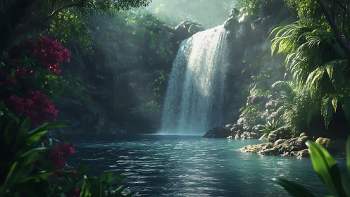 Lush jungle waterfall pool under filtered daylight.