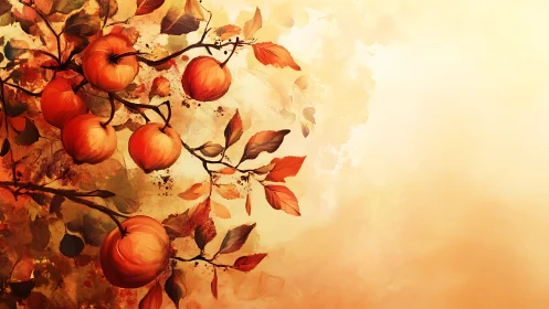 Autumn apples glow on painterly branches in golden haze.