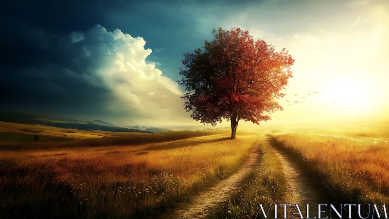 Lone autumn tree beside dirt track under bifurcated sky.