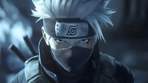 Silver haired ninja prowls through moonlit, misty silence.