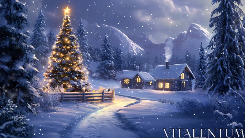 Snowy mountain cabin glows beside a starlit Christmas tree