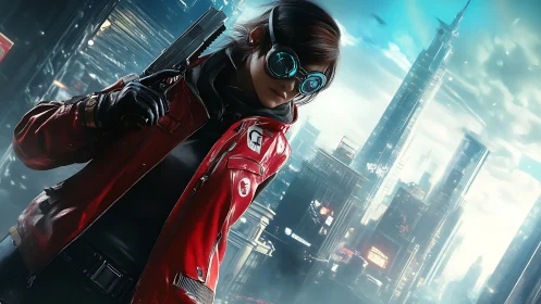 Futuristic gunfighter stalks a neon-soaked cyberpunk skyline