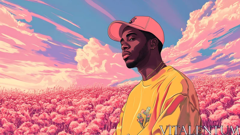 Soft sunset colors embrace a calm young man in flower fields