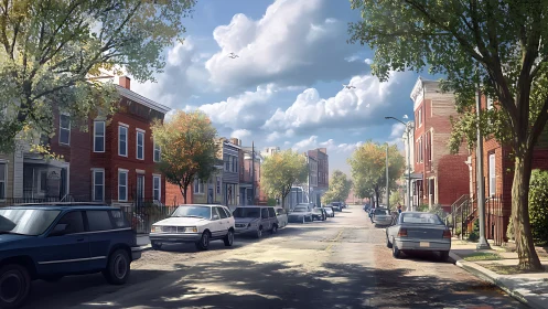 Tree-lined residential street with parked cars in daylight.