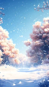 Snow covered forest path under clear sky with peach foliage