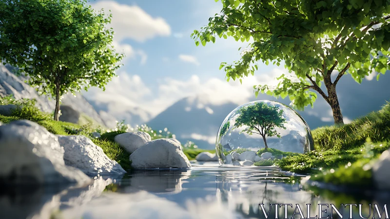 Tree inside glass sphere reflects protected mountain stream