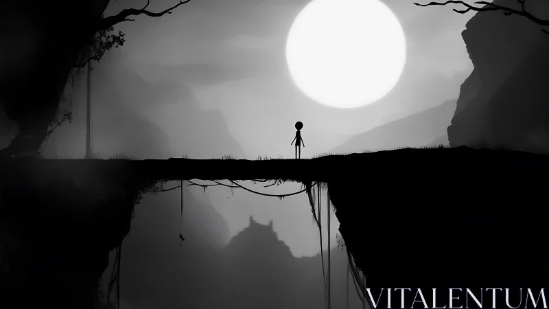Silhouetted figure crosses a void under an overexposed moon
