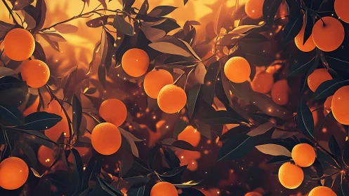 Sunlit orange grove glows with rich saturated citrus color.