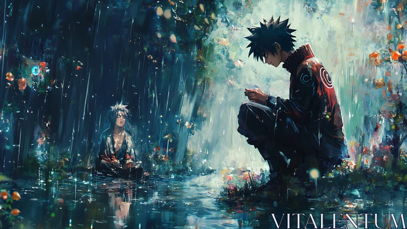 Rain-soaked anime duelists in reflective forest pool study.
