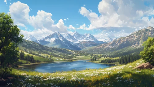 Mountain lake valley under crisp midday light. Period.