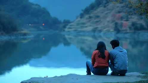 Two figures observe shoreline landscape at dusk.