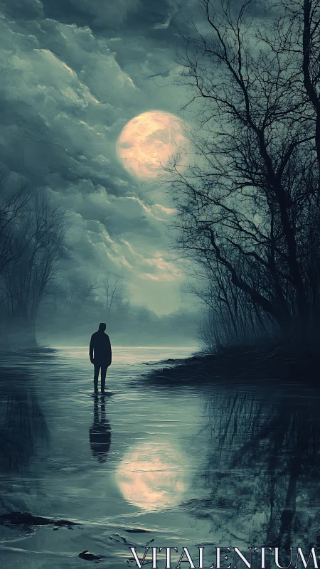 Moonlit wanderer beside the quiet, mist-covered river.