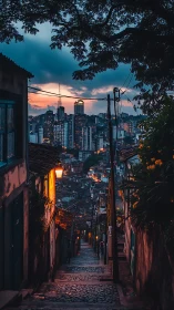 Steep cobblestone alley descends to a glowing city skyline.