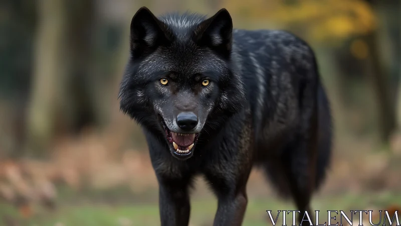 Mid-stride black wolf with intense golden gaze in forest.