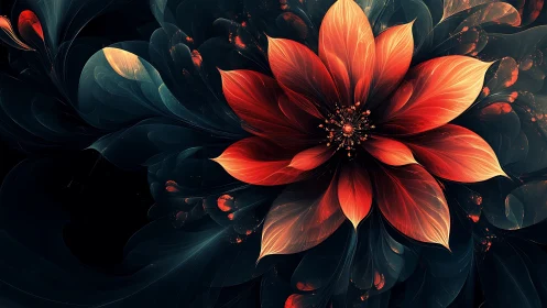 Crimson fractal flower blooms over deep teal vortex.