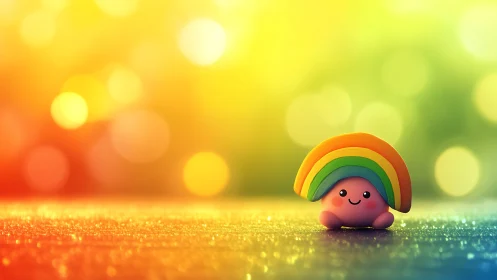 Small rainbow figurine sits on reflective multicolored surface